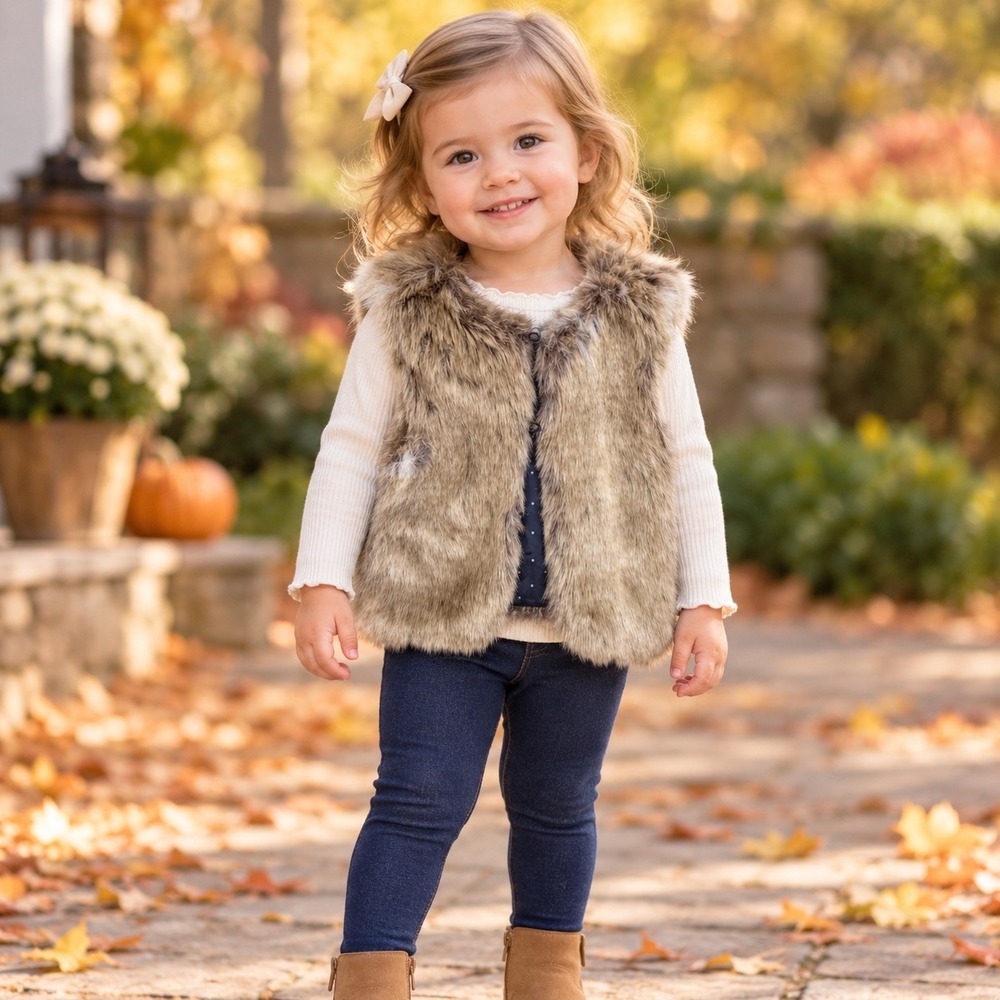 OshKosh B'gosh Girls 2T Brown Faux Fur Vest Polka Dot Lined Fall Winter Holiday